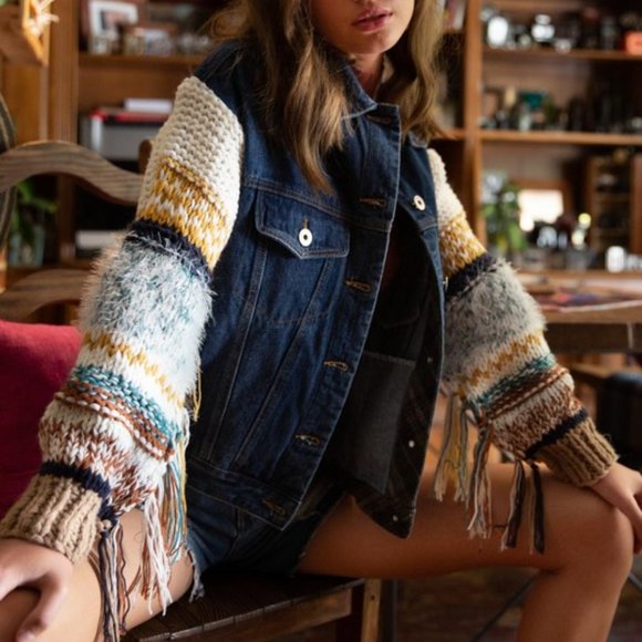 Knit Sleeve Denim Jacket - Picture 4 of 5